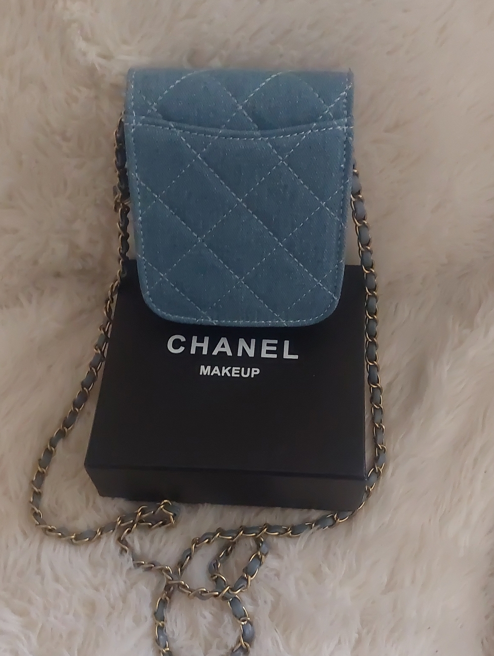 CC Denim  Quilted  Mini Crossbody Bag with Gold Chain - Picture 6 of 9